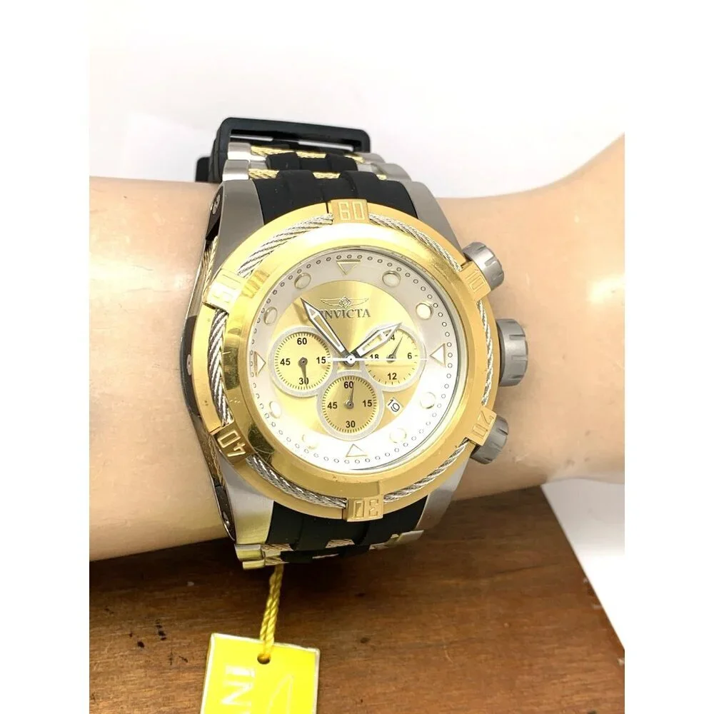 Invicta Men's Watch 37197 Bolt Quartz Chronograph Gold Silver Dial Rubber 51mm